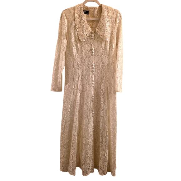 Vtg 80s Elegant Ivory Lace Button-Down Maxi Dress Sheer W/Slip Dress Bridal - Picture 1 of 15